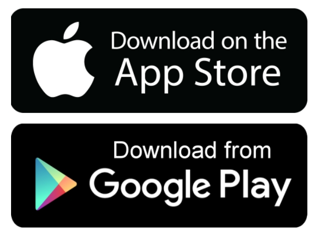 Download buttons for the Apple App Store and Google Play Store, providing links for users to download mobile apps on iOS and Android devices.