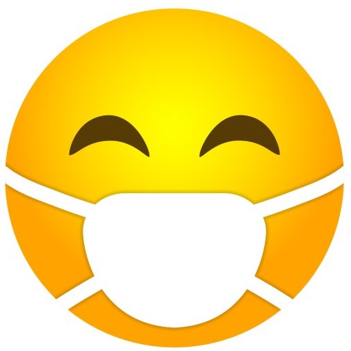 Smiling yellow emoji wearing a white face mask, representing happiness and safety.