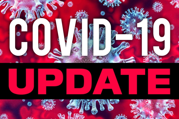 COVID-19 update graphic with a bold red and black design, featuring the virus structure in the background.