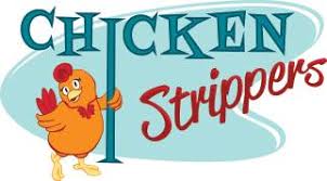 Fun and quirky logo featuring a cartoon chicken for a brand named 'Chicken Strippers,' emphasizing a playful and creative approach to marketing.